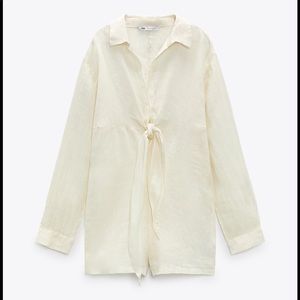Zara rustic cream linen long sleeve tie front romper coverup NWT sz XXL